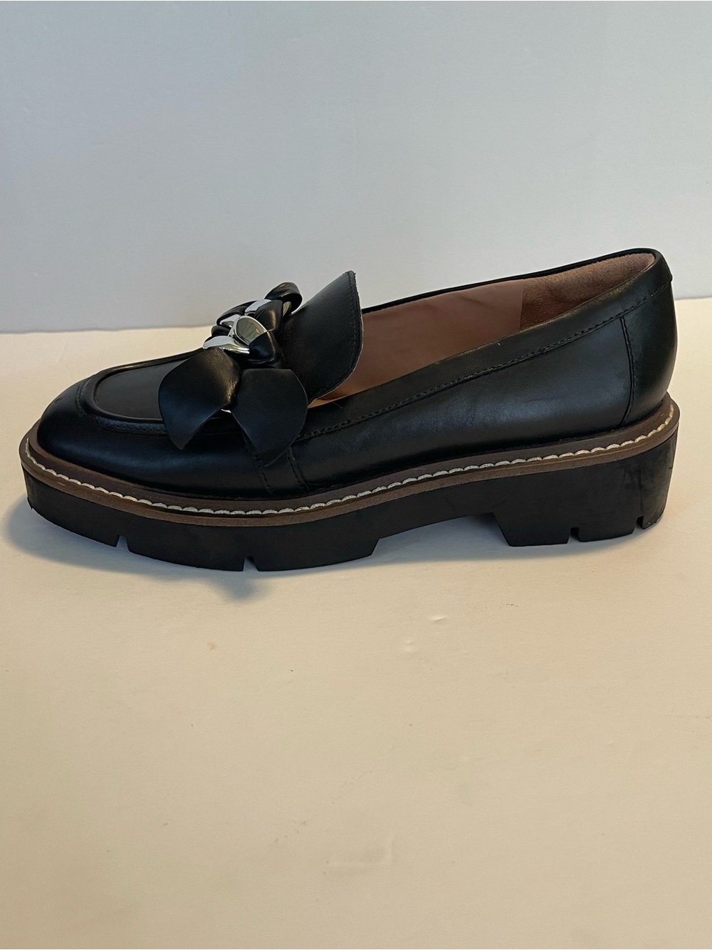 Nordstrom Loafers Chunky Platform Leather Size 7 Silver Chain Hardware - Picture 15 of 16
